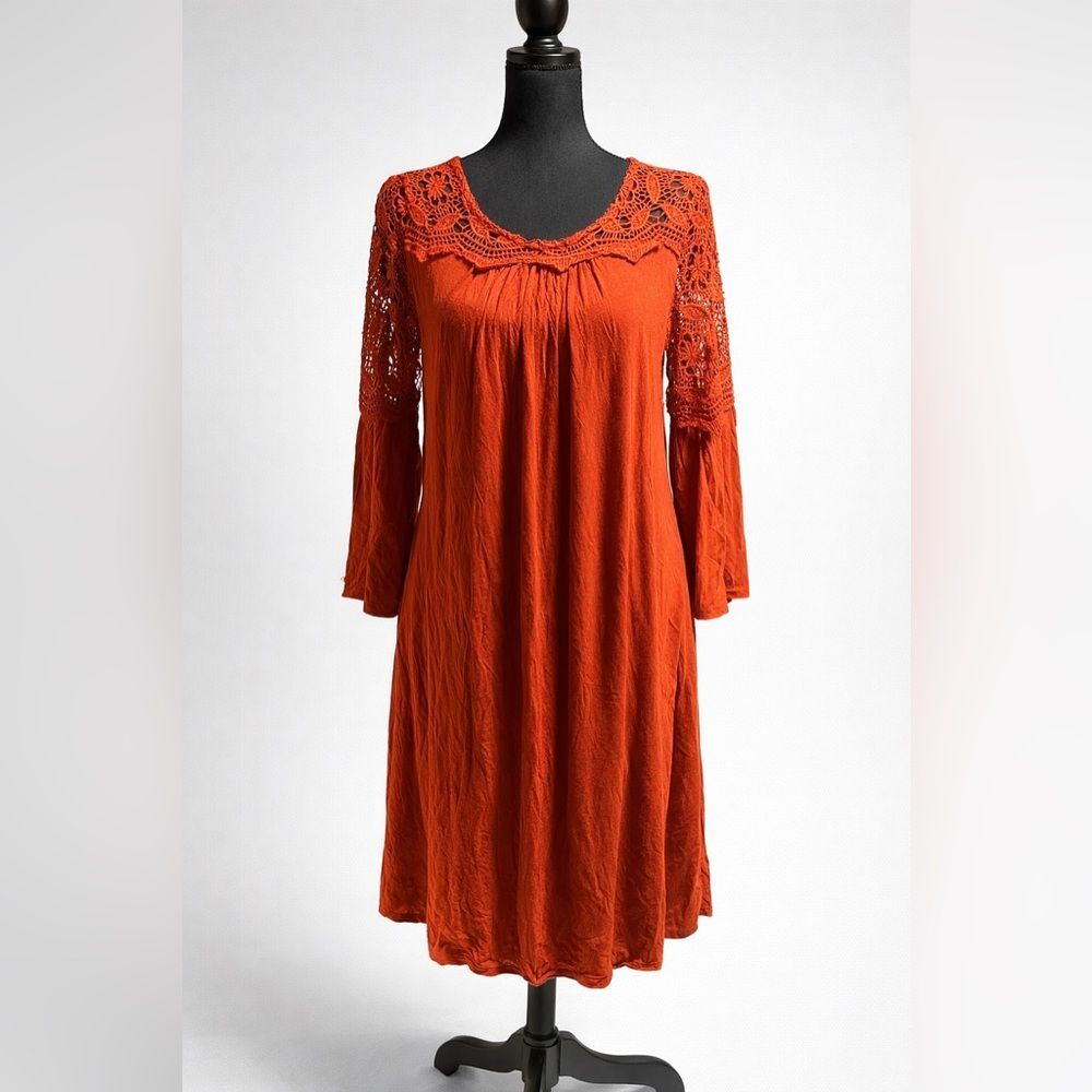 Nina Leonard Orange Crochet Lace Midi Dress Women’s M 3/4 Sleeve